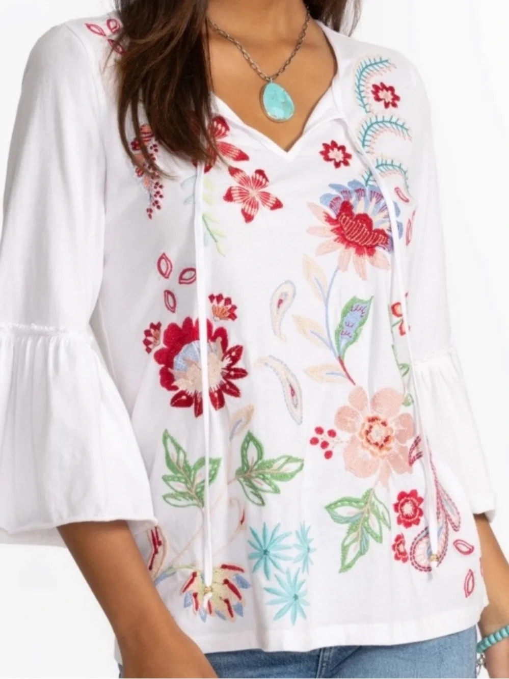 Johnny Was Embroidered Flounce Sleeve Top - Picture 2 of 7